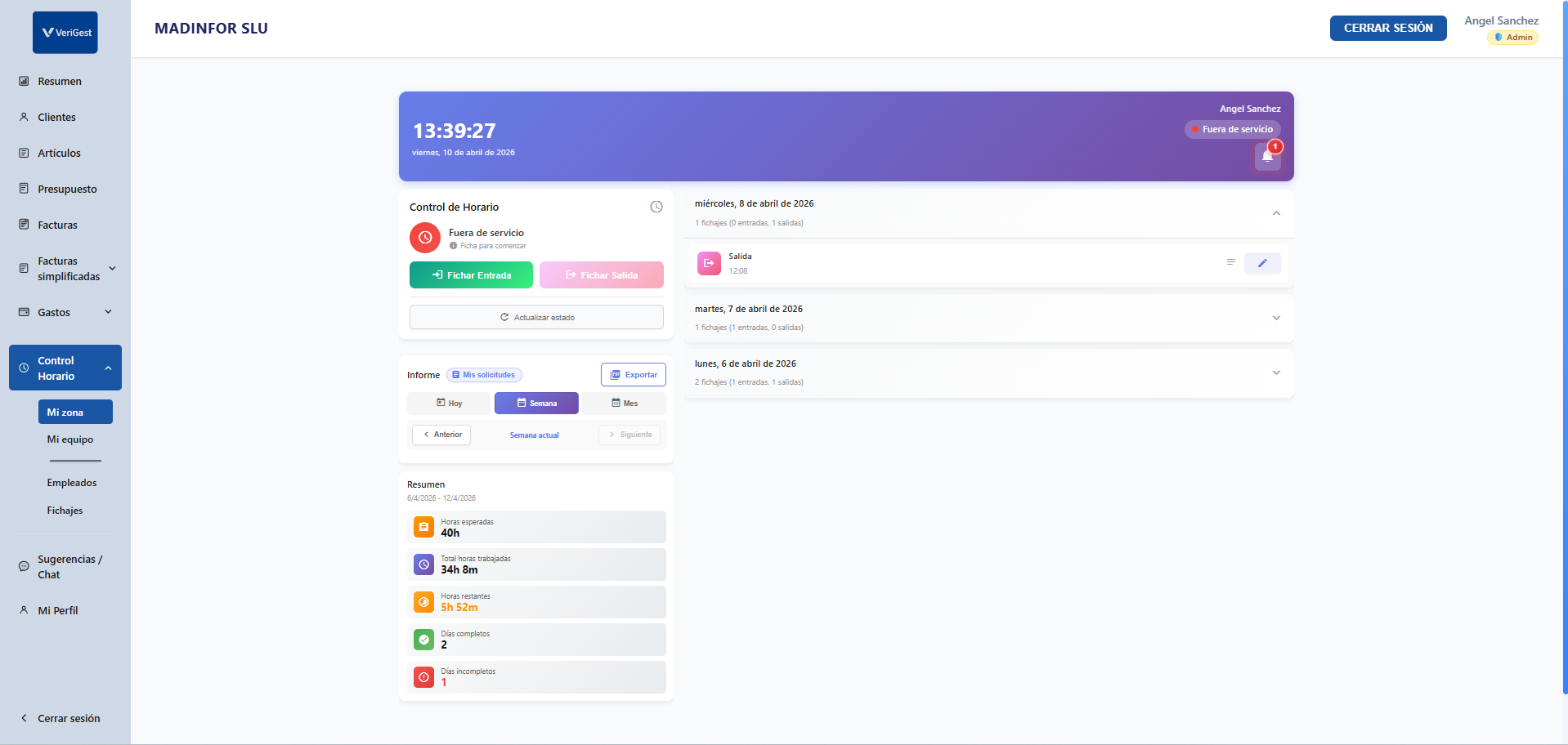 Pantalla principal de control horario con reloj y botones de fichaje