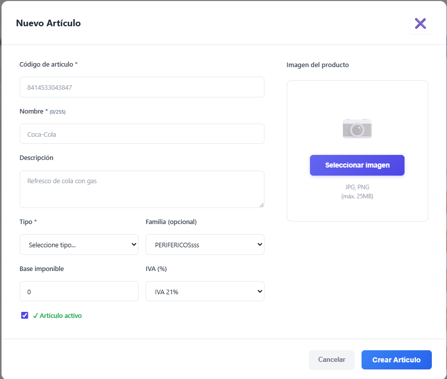 Formulario de creación de artículo con nombre, precio, IVA y familia