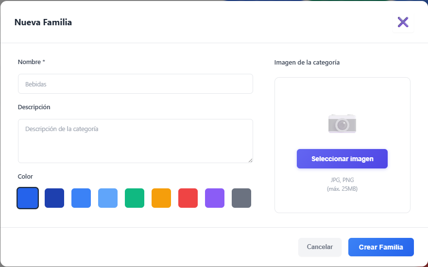 Formulario de creación de familia con nombre, color y emoji