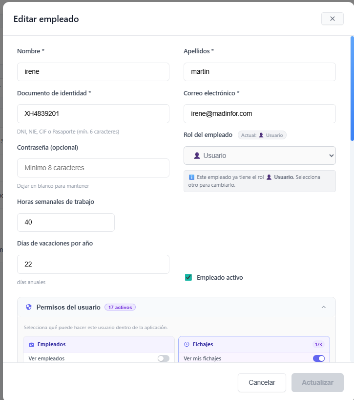 Formulario de edición de empleado con rol y datos