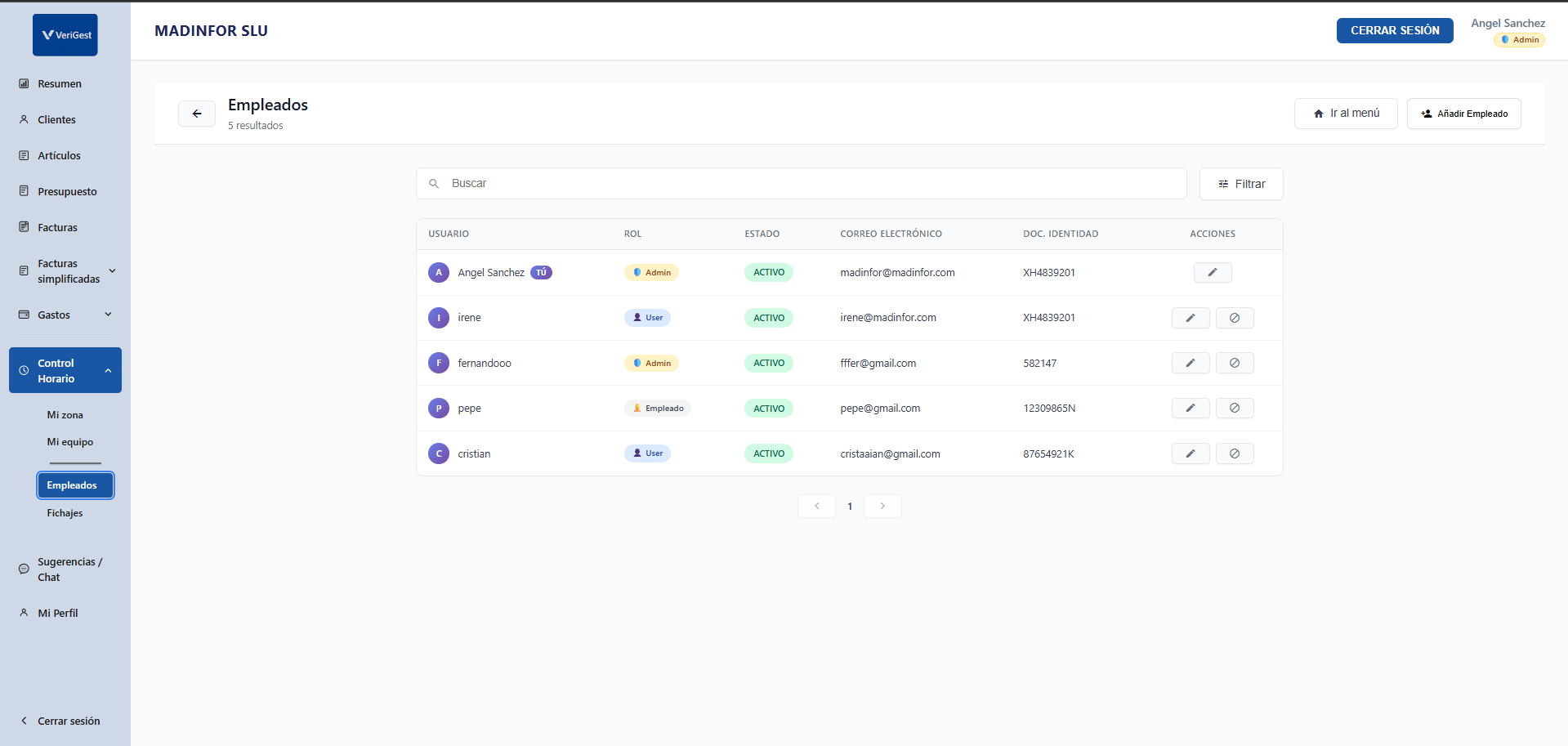 Listado de empleados con roles y estados