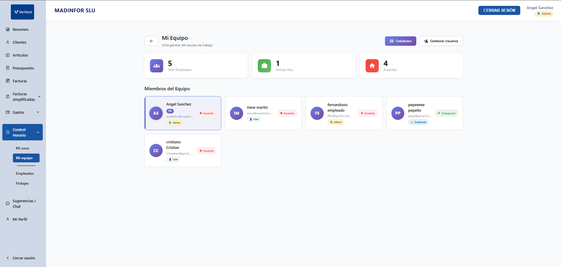 Panel Mi Equipo con tarjetas de empleados y estados