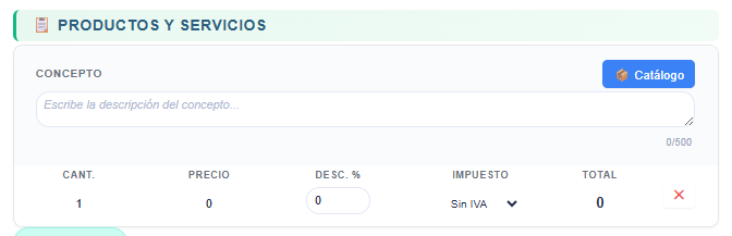 Tabla de productos y servicios con catálogo