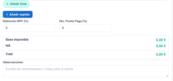 Base imponible, IVA, retención IRPF y total de la factura